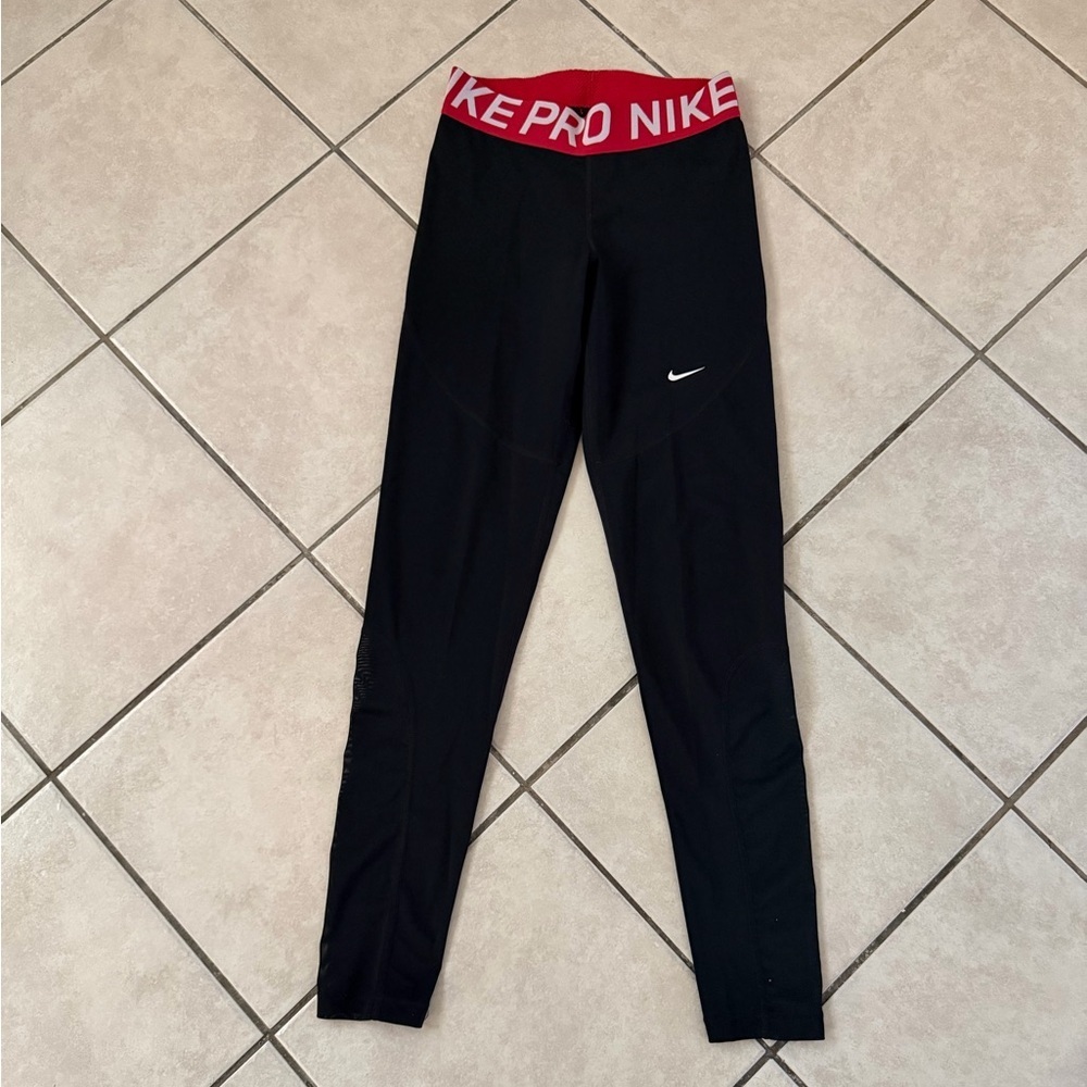 Nike Pro legging 28” black color with red waistband mesh panel size medium
